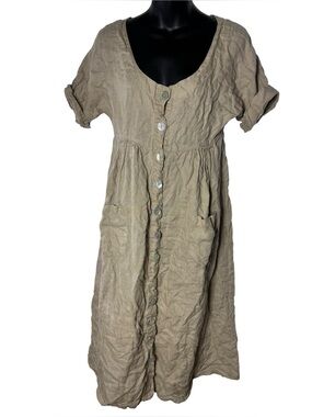 Olive women’s small 100% linen brown button front dress capsule minimalist